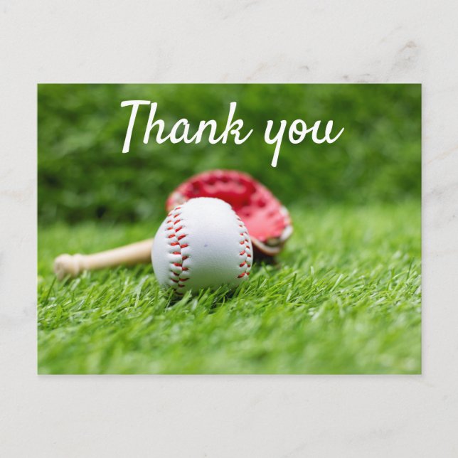 Baseball and bat are on green grass Thank you Postcard (Front)