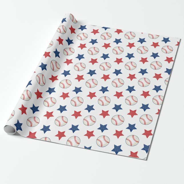Baseball and Stars Red White and Blue Pattern Wrapping Paper (Unrolled)