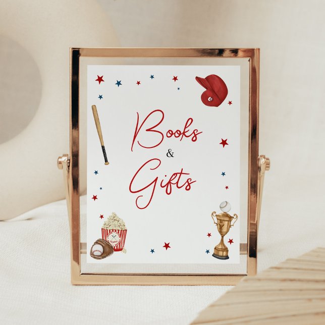 Baseball Baby Shower Books and Gifts Poster (Oh Boy Little Slugger Baby Shower Books Sign)