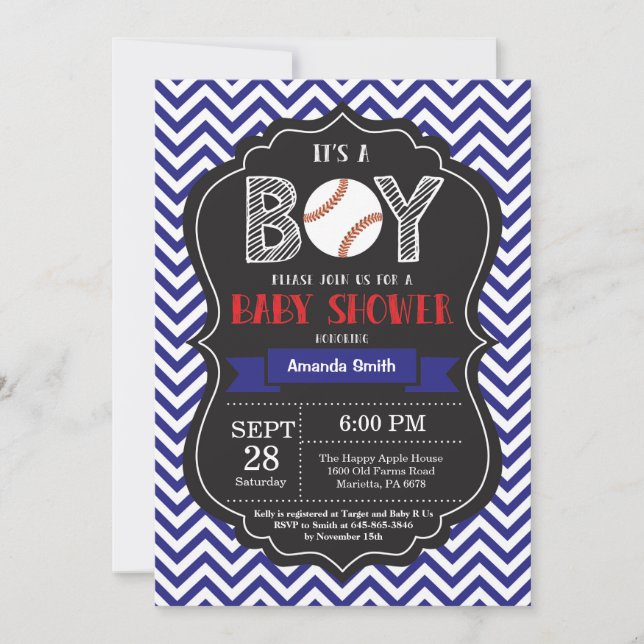 Baseball Baby Shower Invitation Boy Blue Chevron (Front)