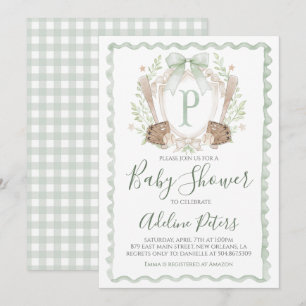 Baseball Baby Shower Preppy Boy Gingham Sage Green Invitation