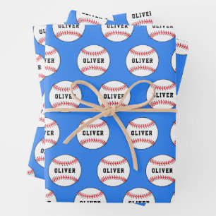 Baseball Ball Blue Pattern Kids Name  Wrapping Paper Sheet