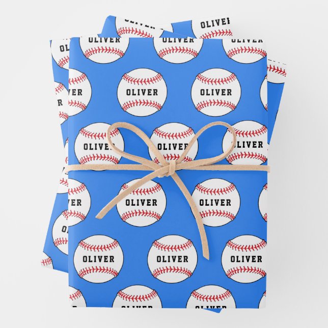 Baseball Ball Blue Pattern Kids Name  Wrapping Paper Sheet (In situ)