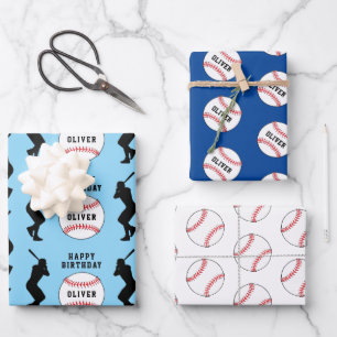 Baseball Ball Blue Sports Player Kids Name Wrapping Paper Sheet