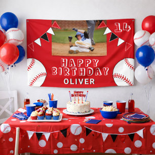 Baseball Ball Bunting Flags Red Photo Birthday Banner