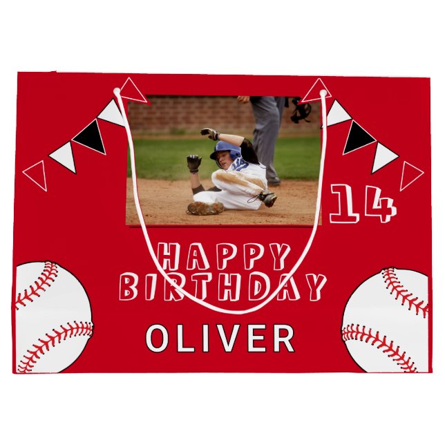 Baseball Ball Bunting Flags Red Photo Birthday Large Gift Bag (Back)