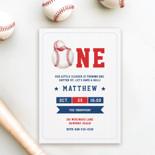 Baseball Ball Cap Blue Red Cute Boy 1st Birthday Invitation