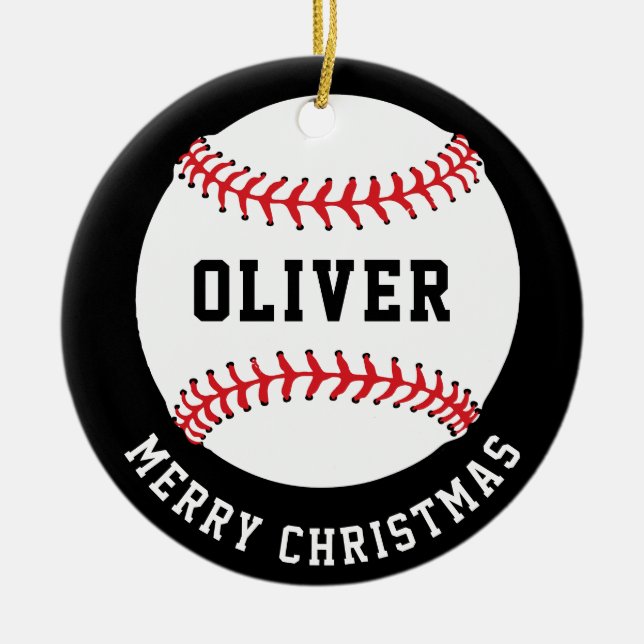 Baseball Ball Custom Name Merry Christmas Ceramic Tree Decoration (Front)