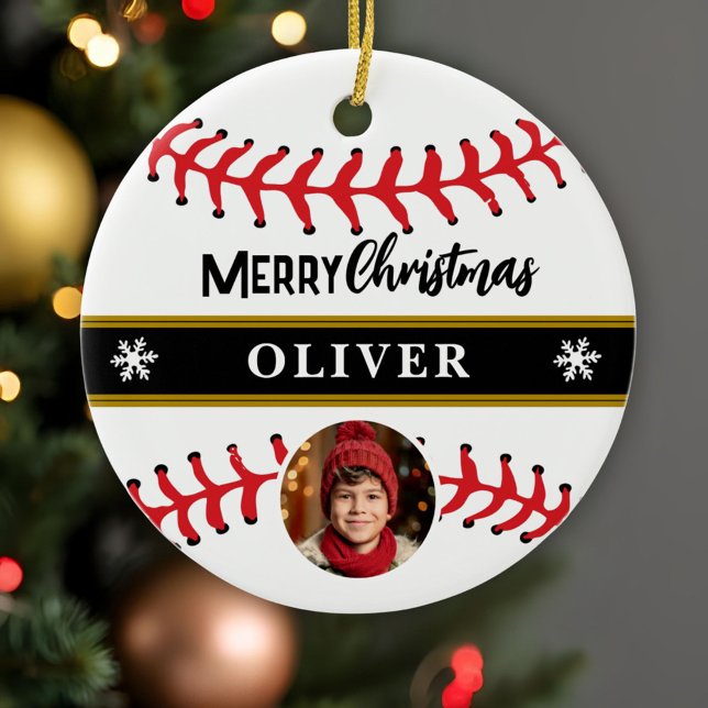 Baseball Ball Custom Name Merry Christmas Photo Ceramic Tree Decoration (Creator Uploaded)
