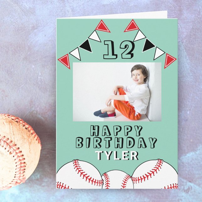 Baseball Ball Flags Sports Kids Photo Birthday Card (Creator Uploaded)