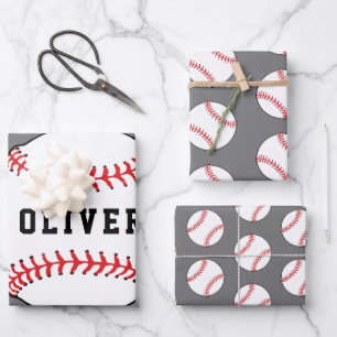 Baseball Ball Grey Pattern Kids Name Birthday  Wrapping Paper Sheet