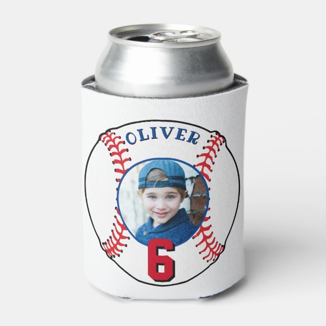 Baseball Ball Kids Birthday Photo Can Cooler (Can Front)