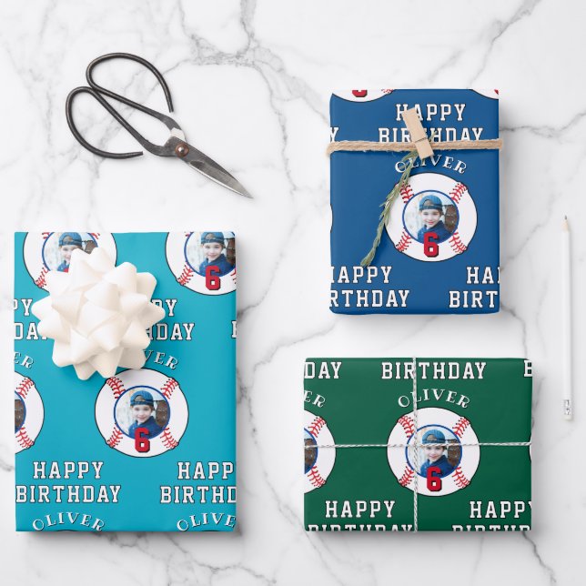 Baseball Ball Kids Birthday Photo Wrapping Paper Sheet (Front)