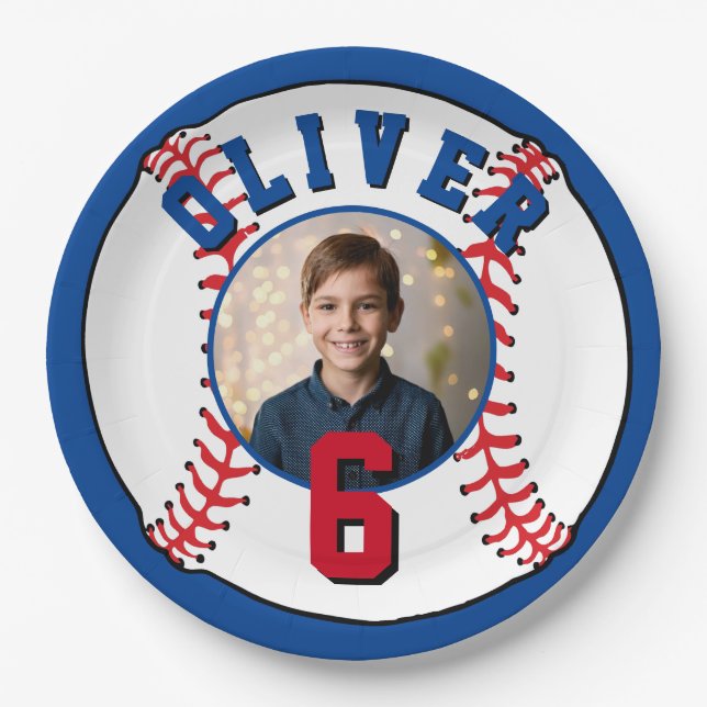 Baseball Ball Kids Photo Birthday Party Paper Plate (Front)