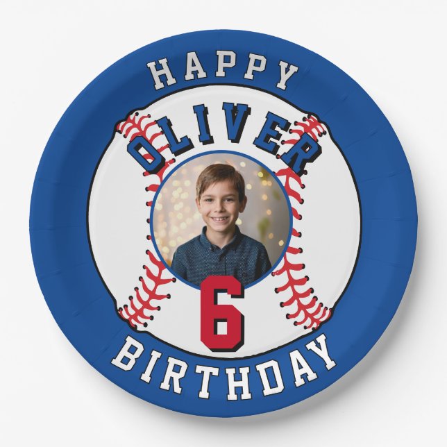 Baseball Ball Kids Photo Birthday Party Paper Plate (Front)