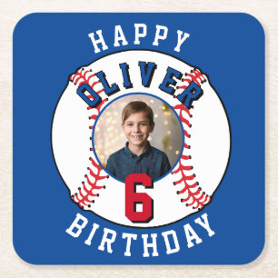 Baseball Ball Kids Photo Birthday Party Square Paper Coaster