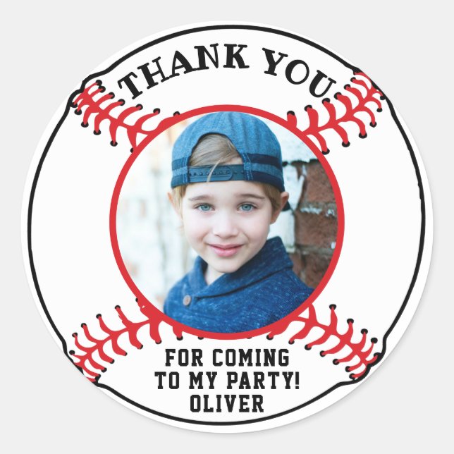 Baseball Ball Kids Photo Birthday Thank you Classic Round Sticker (Front)