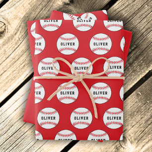 Baseball Ball Pattern Kids Name Birthday Wrapping Paper Sheet