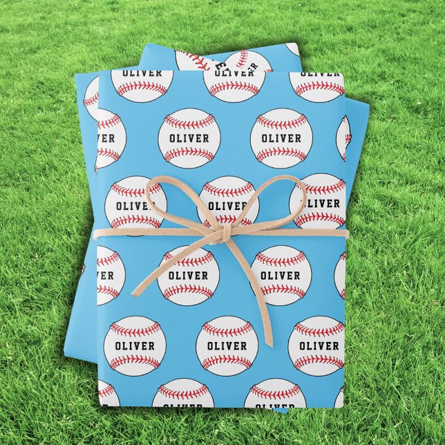 Baseball Ball Pattern Kids Name Birthday Wrapping  Paper Sheet (Creator Uploaded)