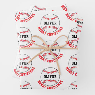 Baseball Ball Pattern Kids Name Merry Christmas Wrapping Paper Sheet