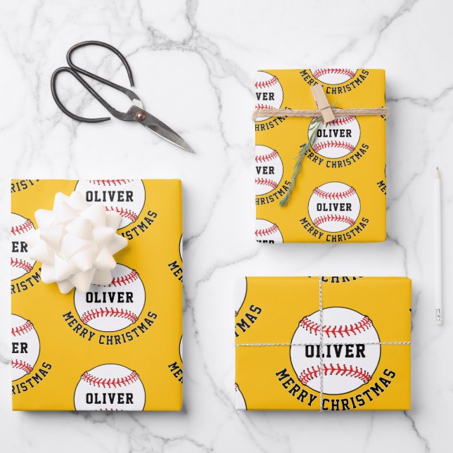 Baseball Ball Pattern Kids Name Merry Christmas Wrapping Paper Sheet (Front)