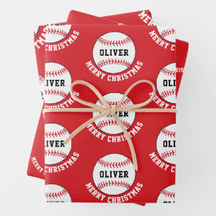 Baseball Ball Pattern Kids Name Merry Christmas Wrapping Paper Sheet