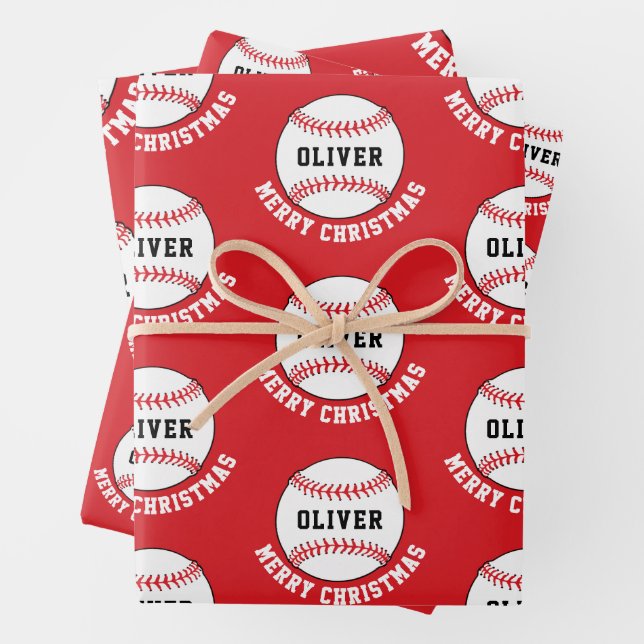 Baseball Ball Pattern Kids Name Merry Christmas Wrapping Paper Sheet (In situ)