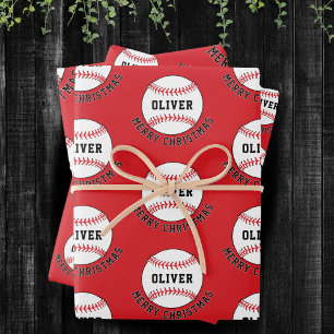 Baseball Ball Pattern Kids Name Merry Christmas Wrapping Paper Sheet