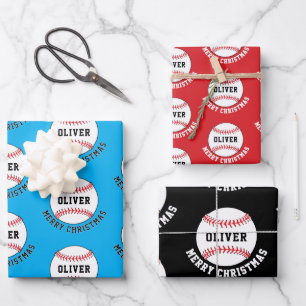 Baseball Ball Pattern Kids Name Merry Christmas Wrapping Paper Sheet