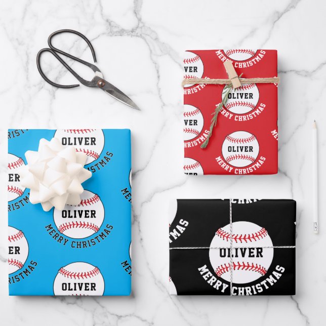 Baseball Ball Pattern Kids Name Merry Christmas Wrapping Paper Sheet (Front)