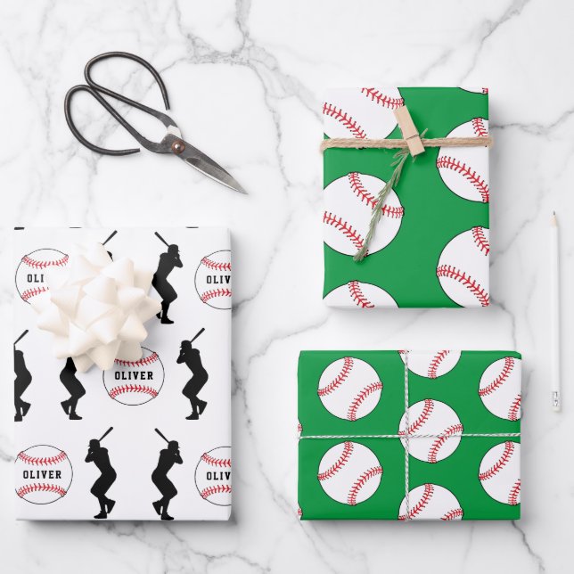 Baseball Ball Player Kids Name Birthday Wrapping Paper Sheet (Front)