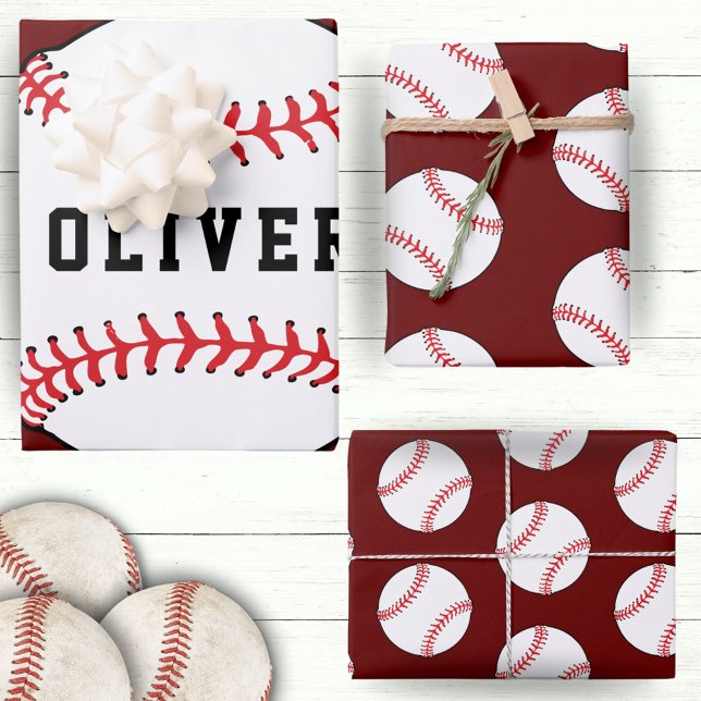 Baseball Ball Red Pattern Kids Name Birthday Wrapping Paper Sheet (Creator Uploaded)