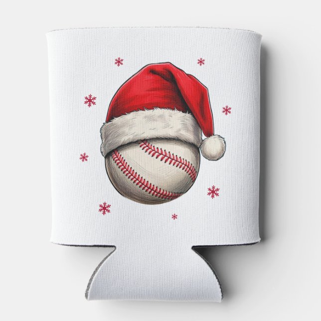 Baseball Ball Red Santa Hat Christmas  Can Cooler (Back)