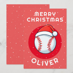 Baseball Ball Red Santa Hat Christmas Kid`s Name Holiday Card
