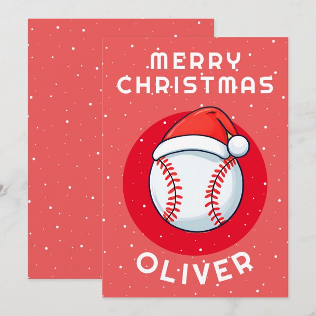 Baseball Ball Red Santa Hat Christmas Kid`s Name Holiday Card (Front/Back)