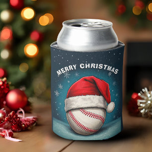 Baseball Ball Red Santa Hat Name Christmas  Can Cooler