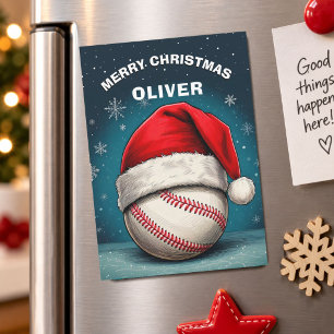 Baseball Ball Red Santa Hat Name Christmas Card