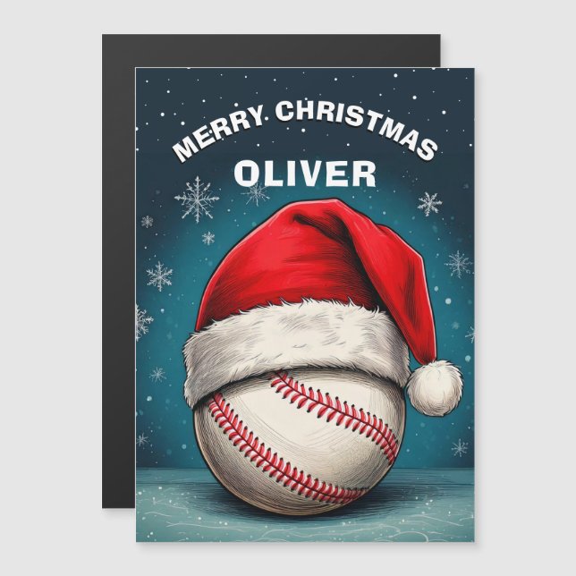 Baseball Ball Red Santa Hat Name Christmas Card (Front/Back)
