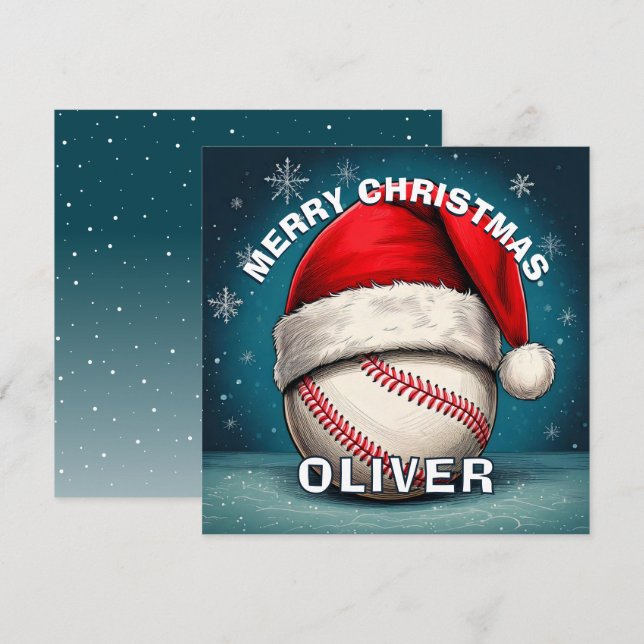 Baseball Ball Red Santa Hat Name Christmas  Holiday Card (Front/Back)