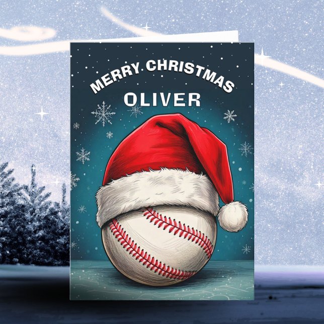 Baseball Ball Red Santa Hat Name Christmas  Holiday Card (Creator Uploaded)