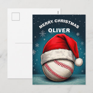 Baseball Ball Red Santa Hat Name Christmas  Holiday Postcard