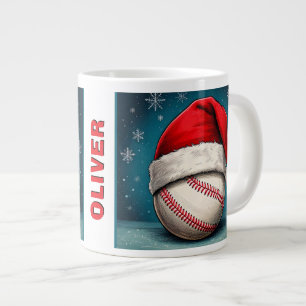 Baseball Ball Red Santa Hat Name Christmas  Large Coffee Mug