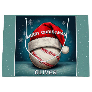 Baseball Ball Red Santa Hat Name Christmas  Large Gift Bag