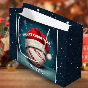 Baseball Ball Red Santa Hat Name Christmas Large Gift Bag