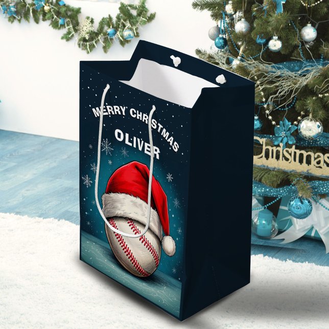 Baseball Ball Red Santa Hat Name Christmas  Medium Gift Bag (Creator Uploaded)