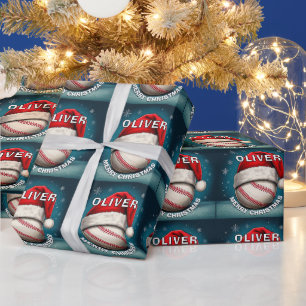 Baseball Ball Red Santa Hat Name Christmas Wrapping Paper