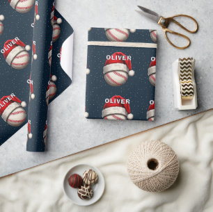 Baseball Ball Red Santa Hat Name Christmas Wrapping Paper