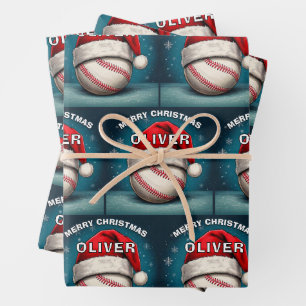 Baseball Ball Red Santa Hat Name Christmas Wrapping Paper Sheet