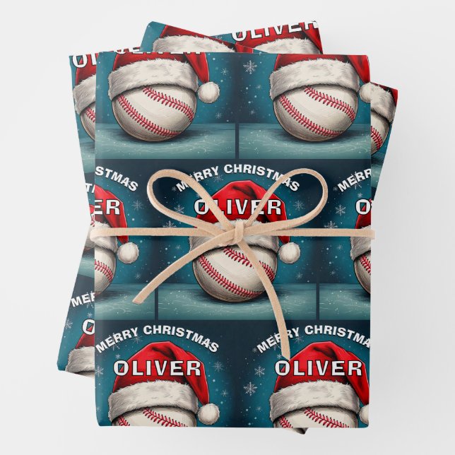 Baseball Ball Red Santa Hat Name Christmas  Wrapping Paper Sheet (In situ)