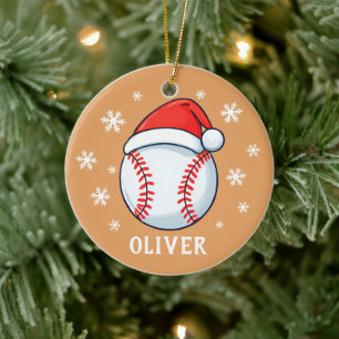 Baseball Ball Red Santa Hat Snowflake Name  Ceramic Tree Decoration